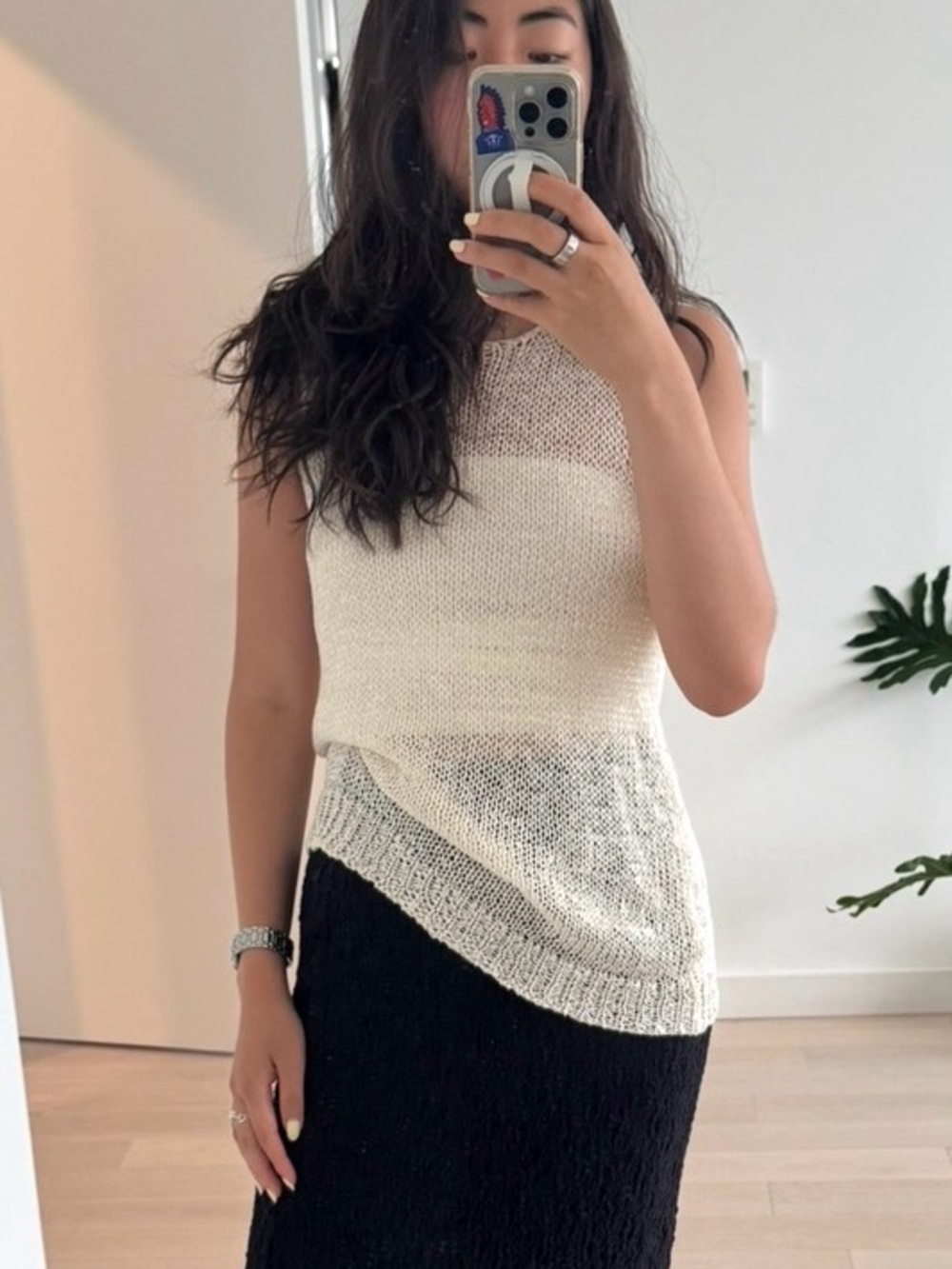 DKNY Ivory Open-Knit Sleeveless Top